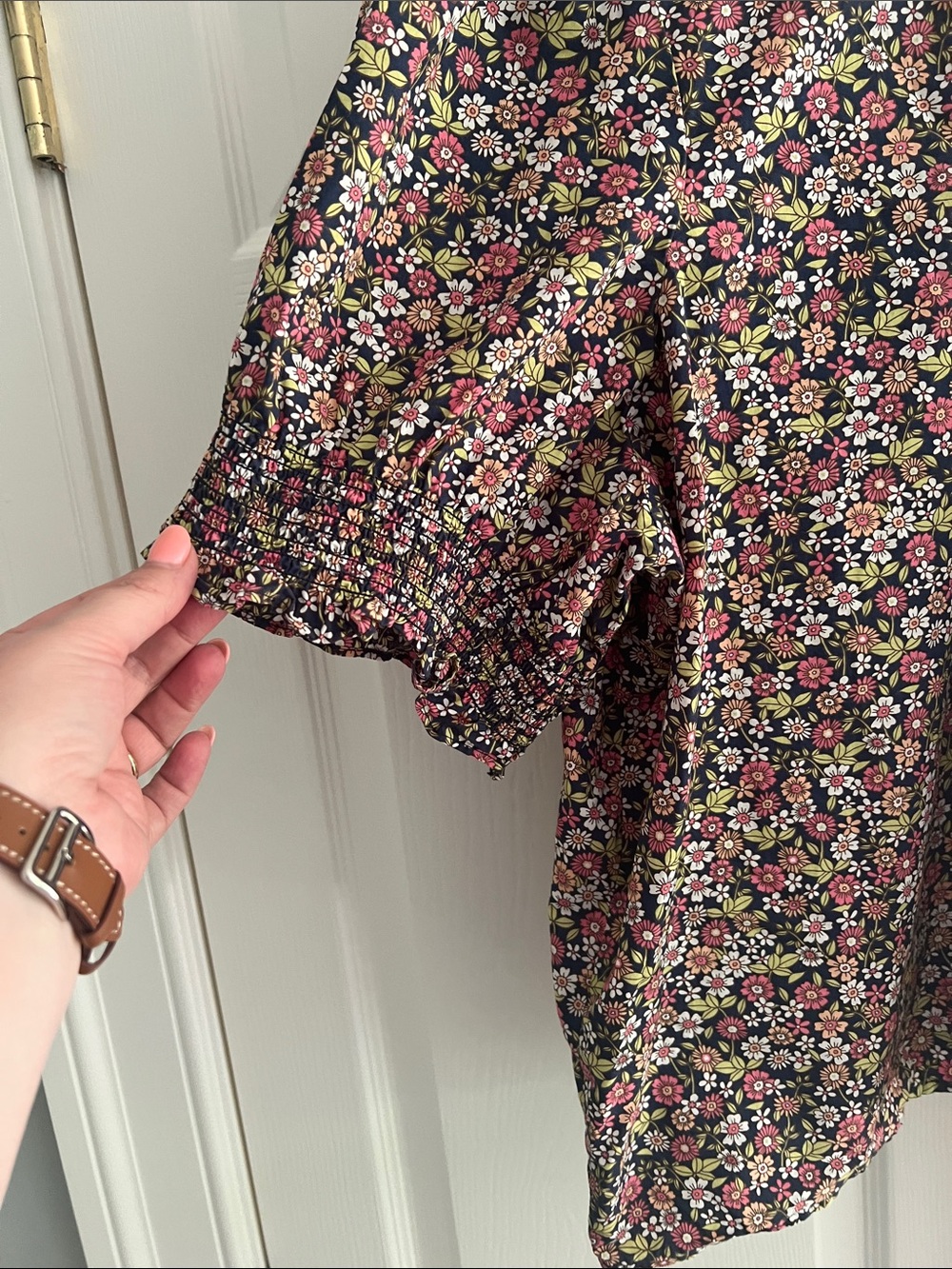 J Crew Floral Ruffle Neck Puff Sleeve Top - Navy/Pink - Picture 3 of 6